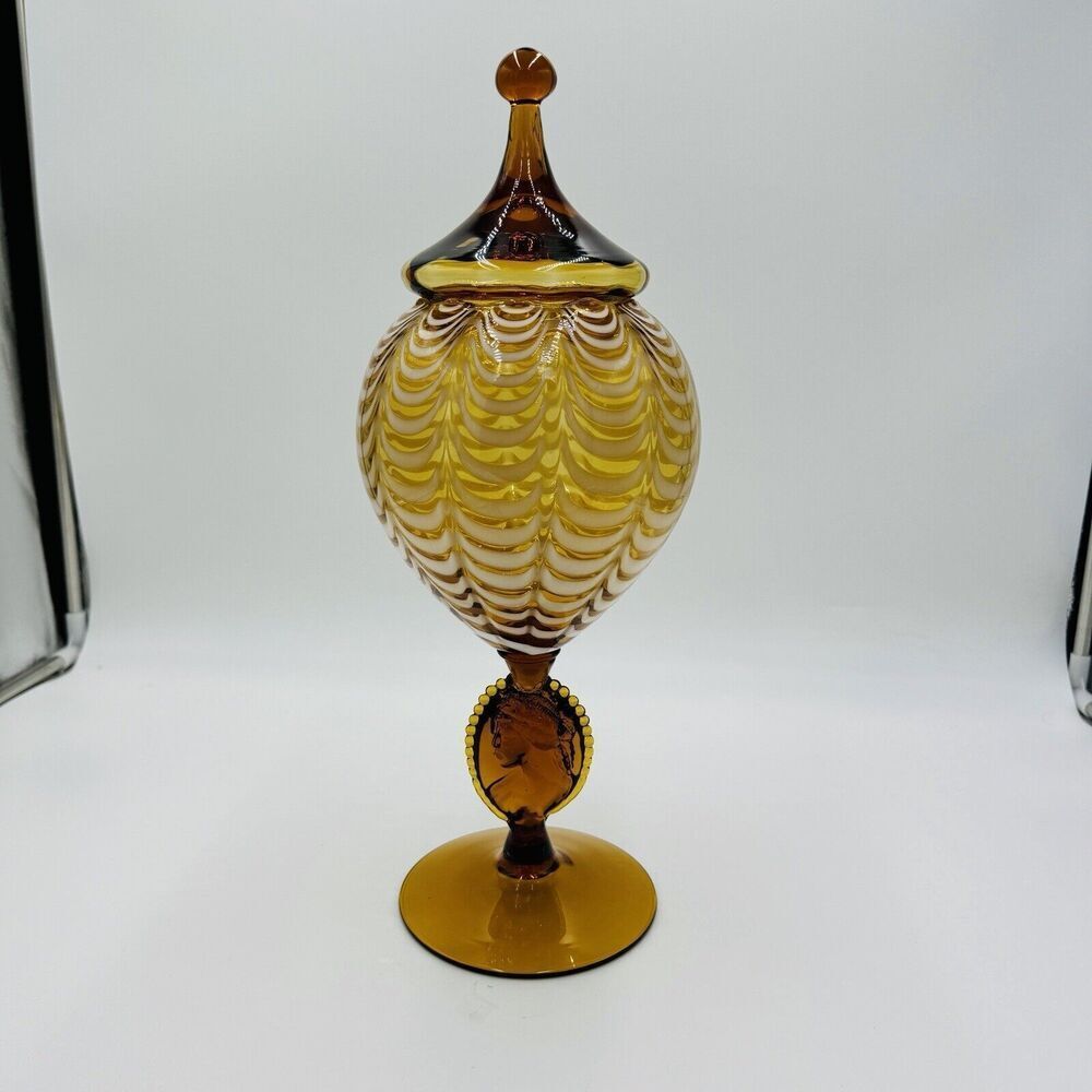 MCM Italy LAVORAZIONE EMPOLI Draped Amber cameo Art Glass Vase Compote Lidded - Picture 8 of 15